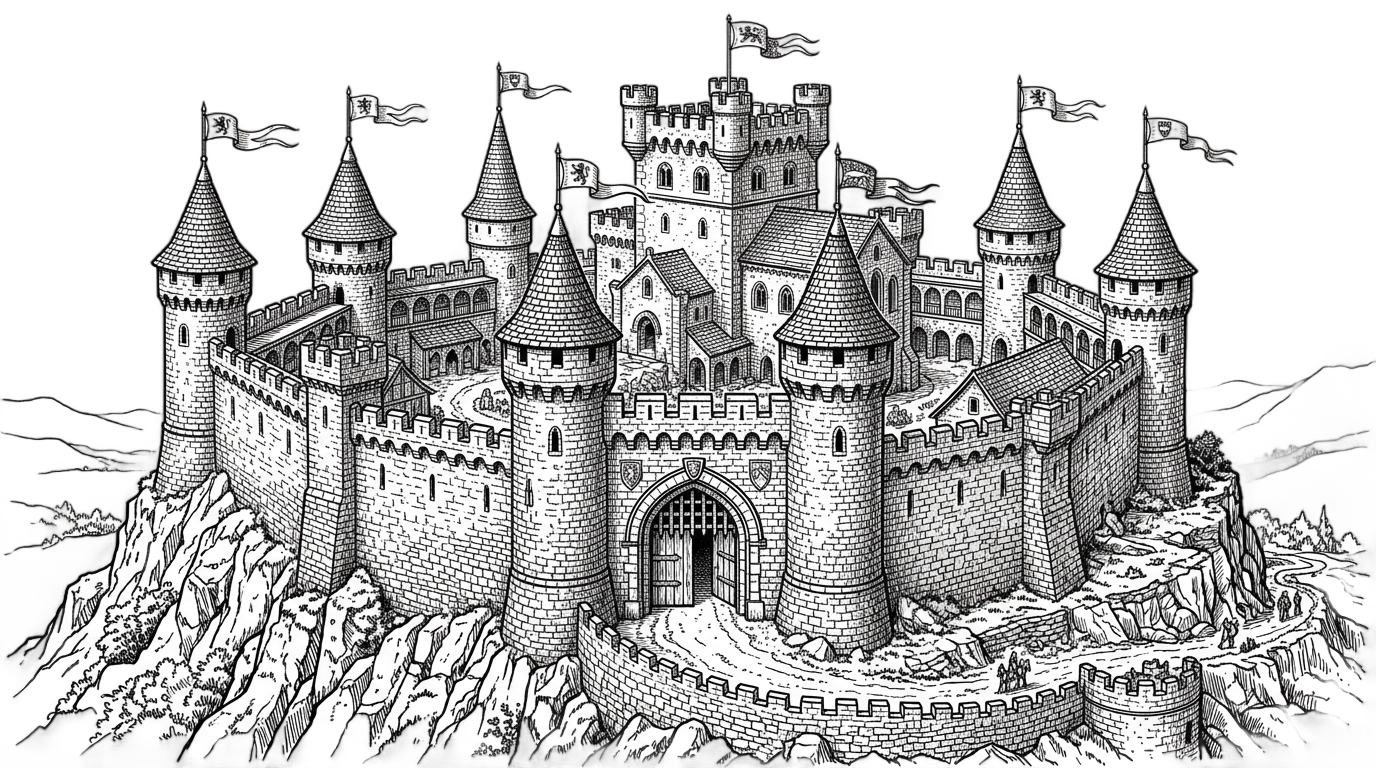 castle png black and white PNG transparent background
