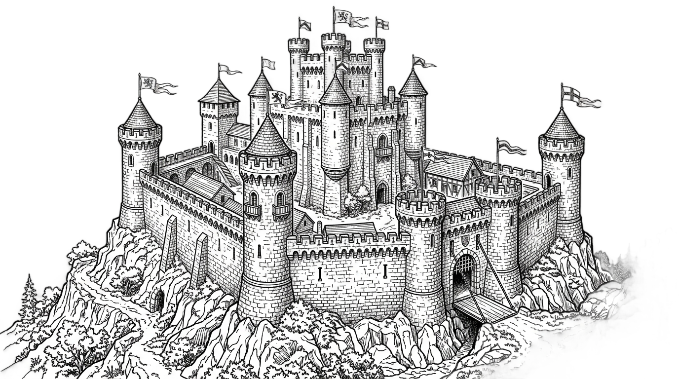 castle png black and white PNG transparent background