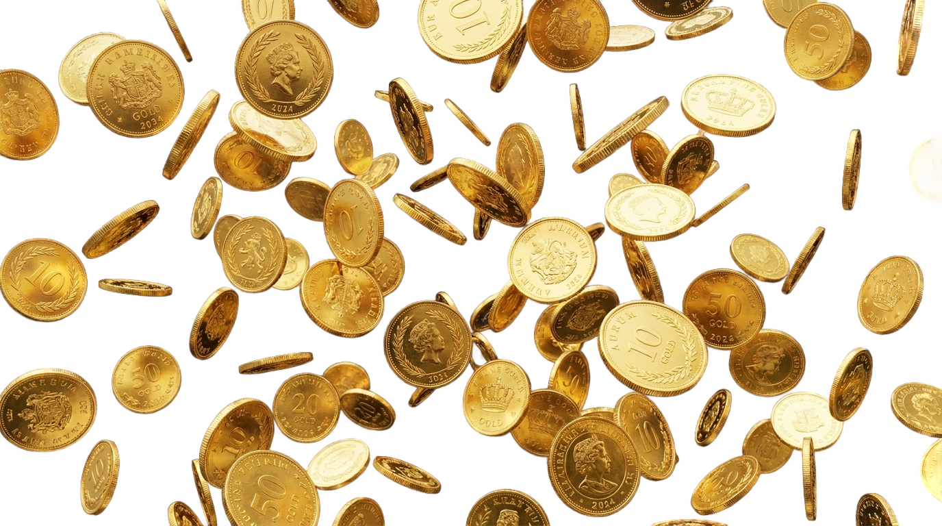 flying gold coins png PNG transparent background