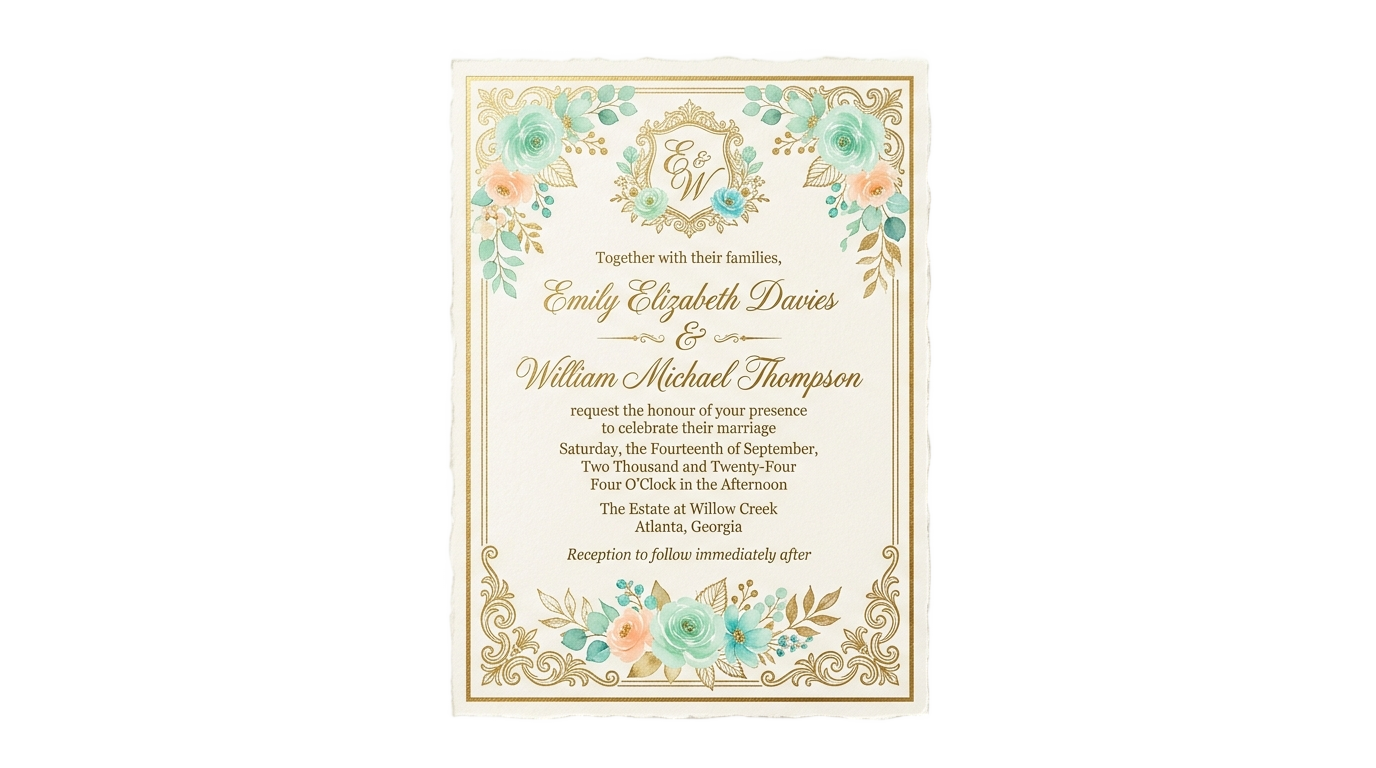 turquoise green peach and gold wedding invite png PNG transparent background