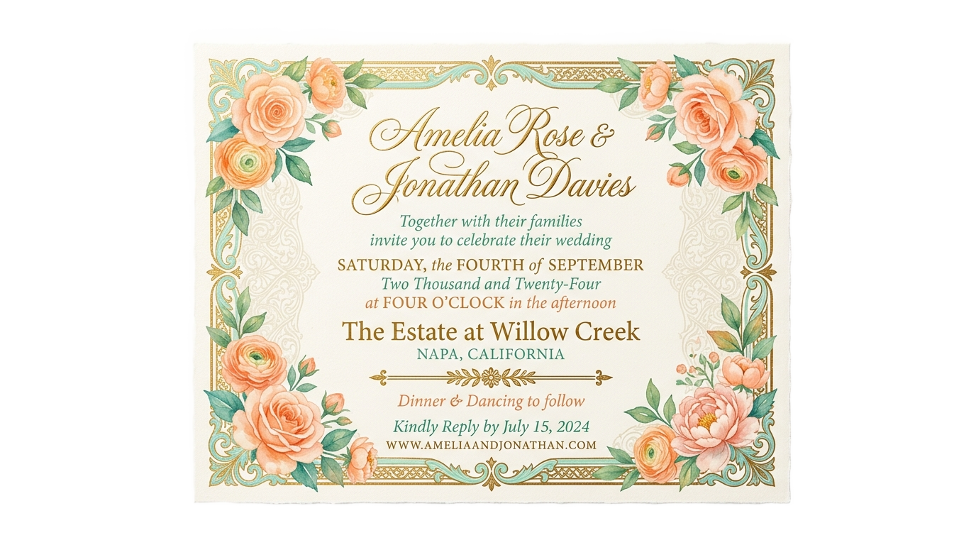 turquoise green peach and gold wedding invite png PNG transparent background