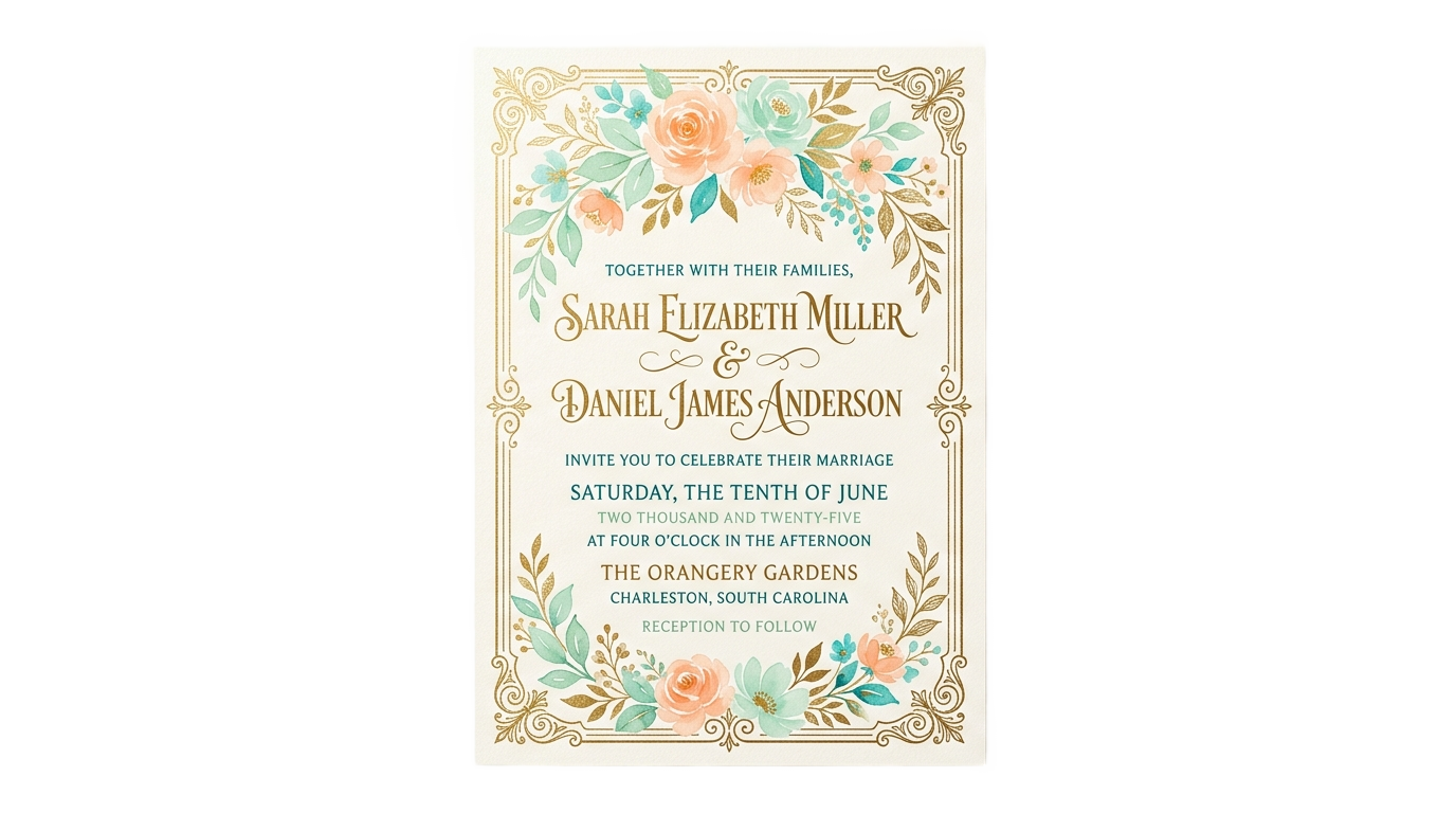 Turquoise Green Peach And Gold Wedding Invite Png PNG #17a