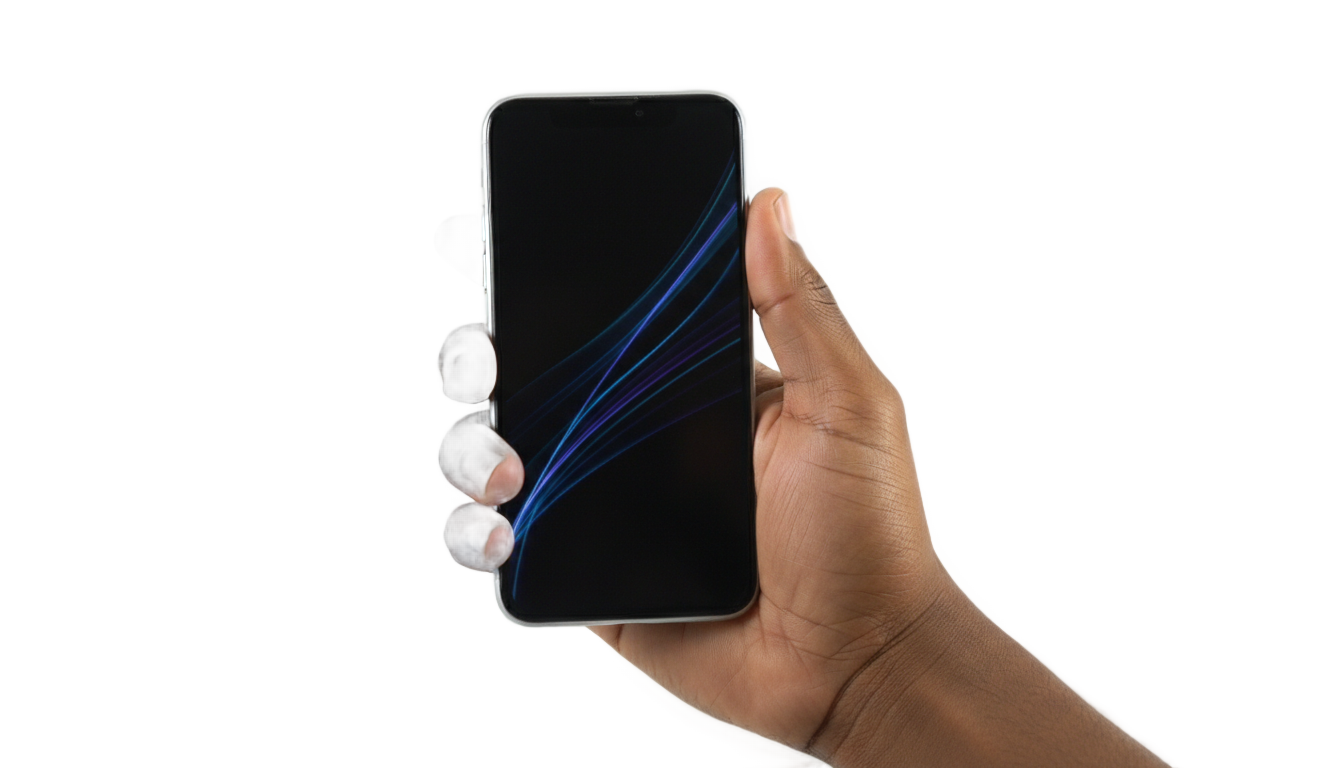 black hand holding phone png PNG transparent background