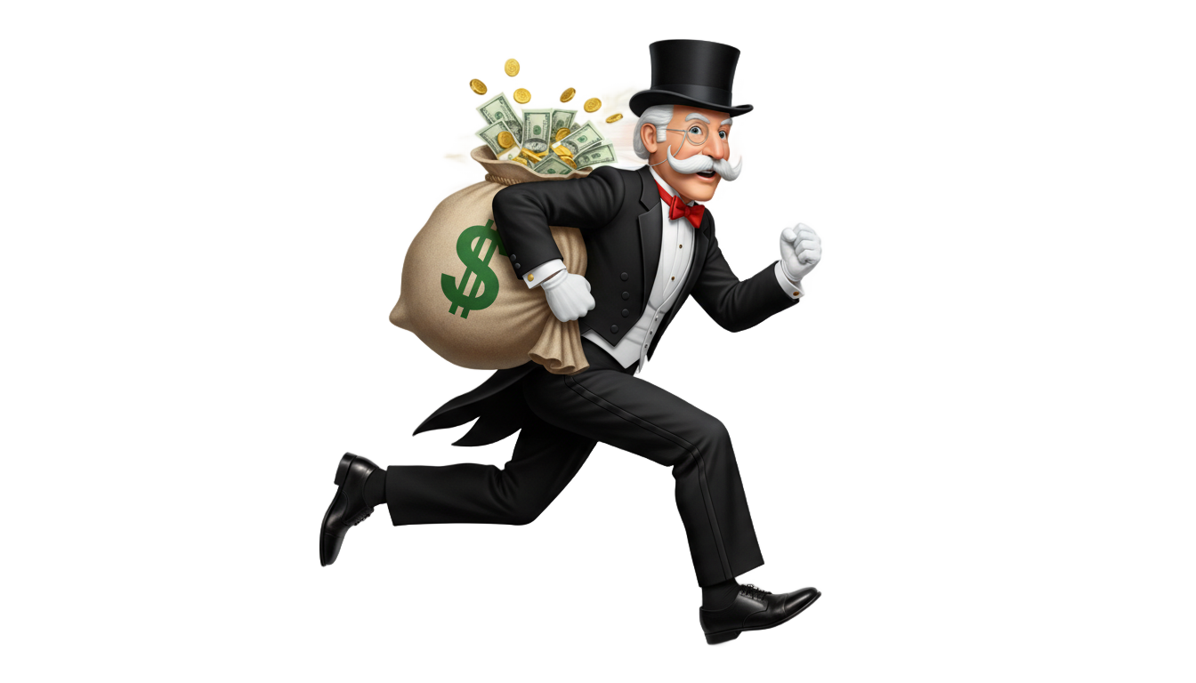 monopoly man running with money bag png PNG transparent background