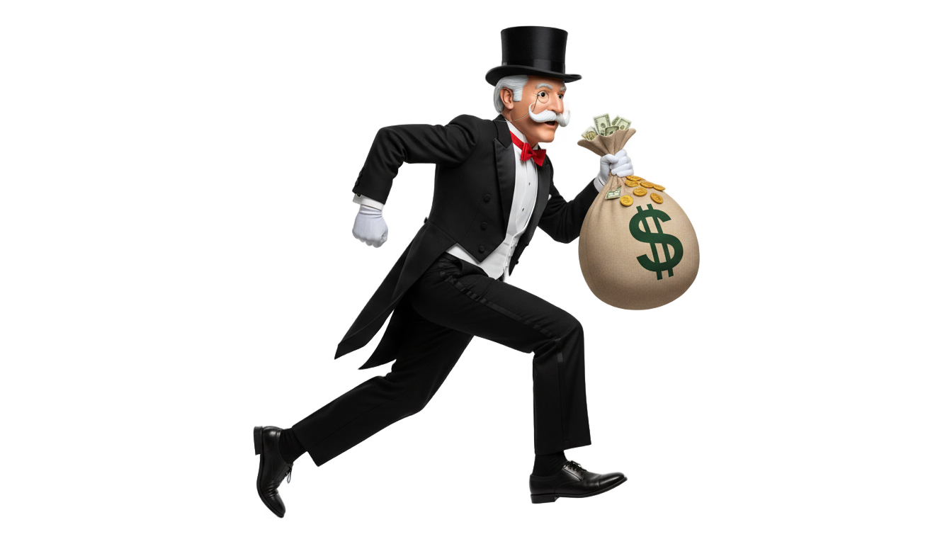 monopoly man running with money bag png PNG transparent background