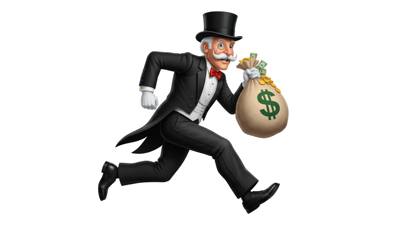 monopoly man running with money bag png PNG transparent background