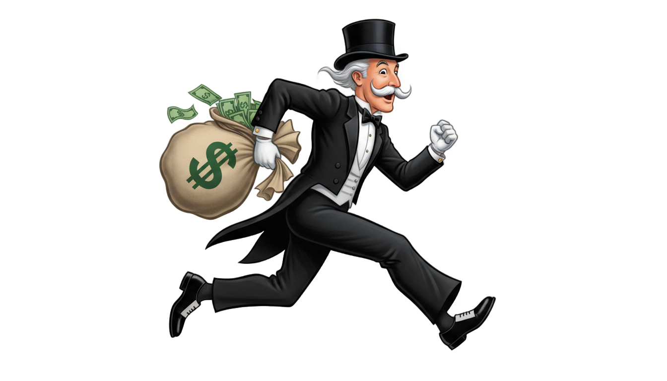 monopoly man running with money bag png PNG transparent background